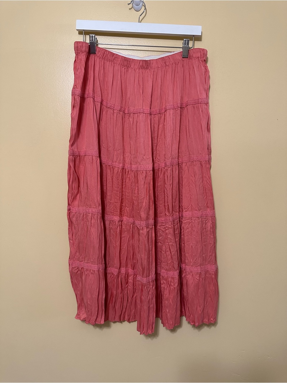 Garnet Hill Silk Tiered Maxi Skirt Lace Insert Crinkle Women 14 Coral Pink